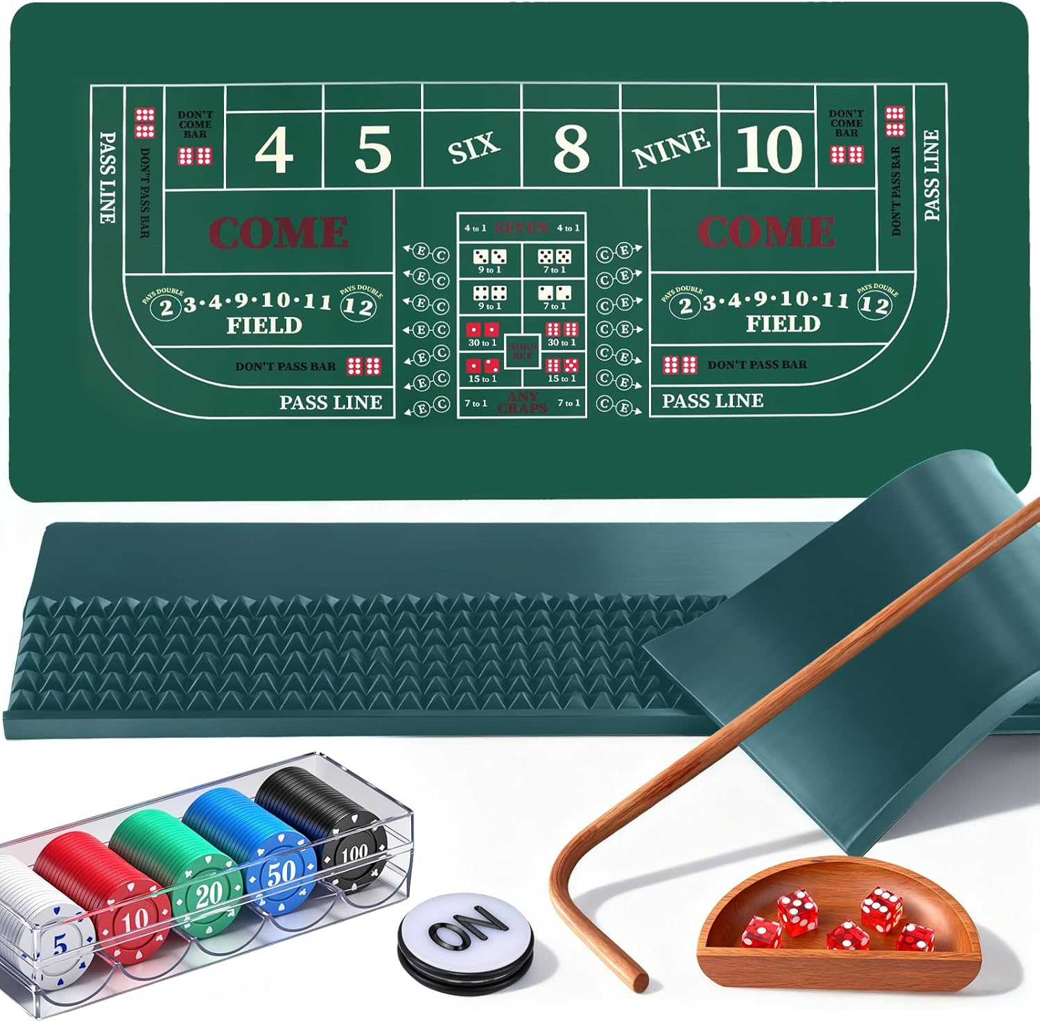 NEWTRY Craps Game Set: 35”×70” Craps Tabletop Layout, 48x11”Rubber Diamond Pyramid Bumper, 36” Rattan Stick, 5pcs Professional dice, 100 pcs Chips & ON/Off Buttons for Game Nights Party Camping